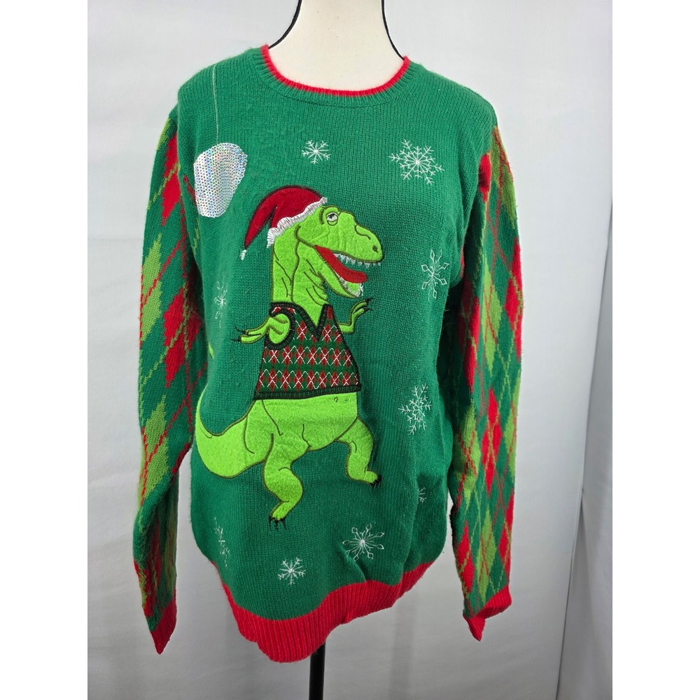 Jolly Sweaters Green Christmas T-Rex Dinosaur Argyle Sleeve Ugly Sweater Mens M